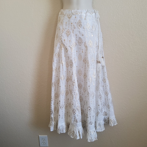 Aqua Swim Ruffle Print Maxi Midi Coverup Skirt Size S Gold White New - Picture 2 of 10